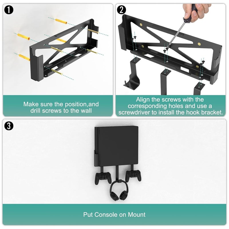 appacare Wall Mount Compatible for PS4,Metal Wall Mount Compatible for PS4 Original (Old Model), Mount on The Wall or on The Back of The TV,with 2 Controller Holder & Headphone Hanger - Image 4